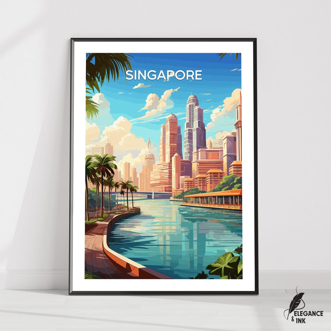 Singapore Riverside Skyline Vintage Illustrated Travel Poster