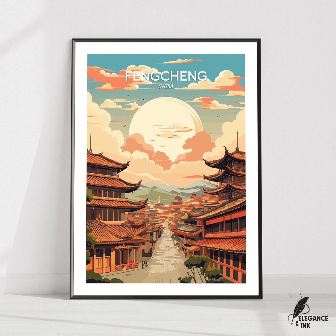 Fengcheng China Pagoda Street Sunset Skyline Colorful Travel Poster