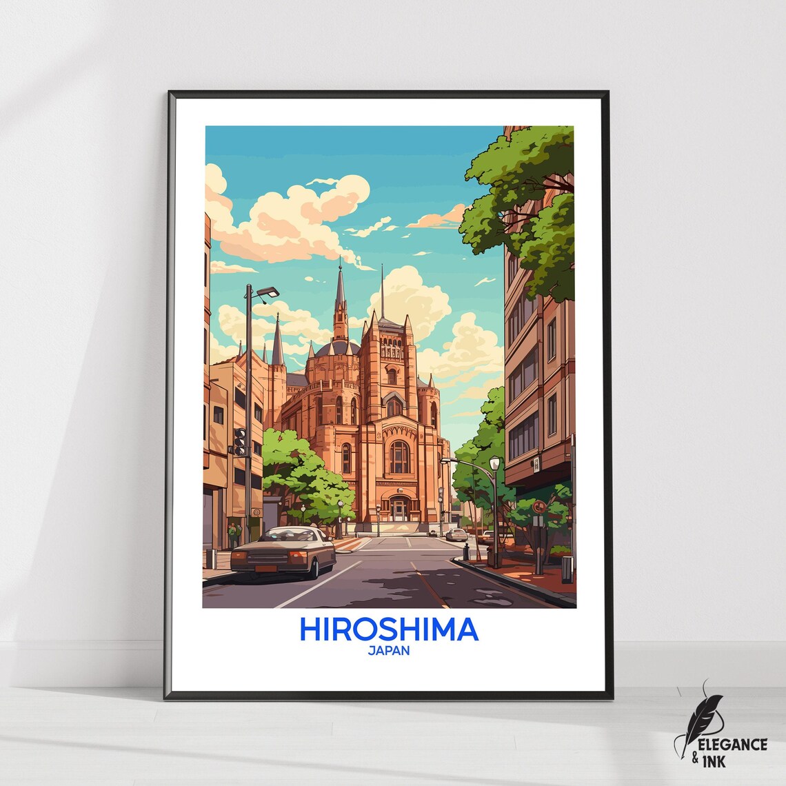 Hiroshima Japan Street Cathedral Vintage Travel Poster Artwork