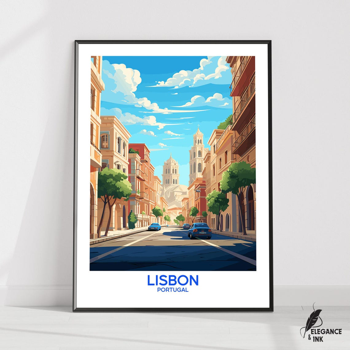 Lisbon Portugal Street Church Towers Illustration Poster Bottom Title
