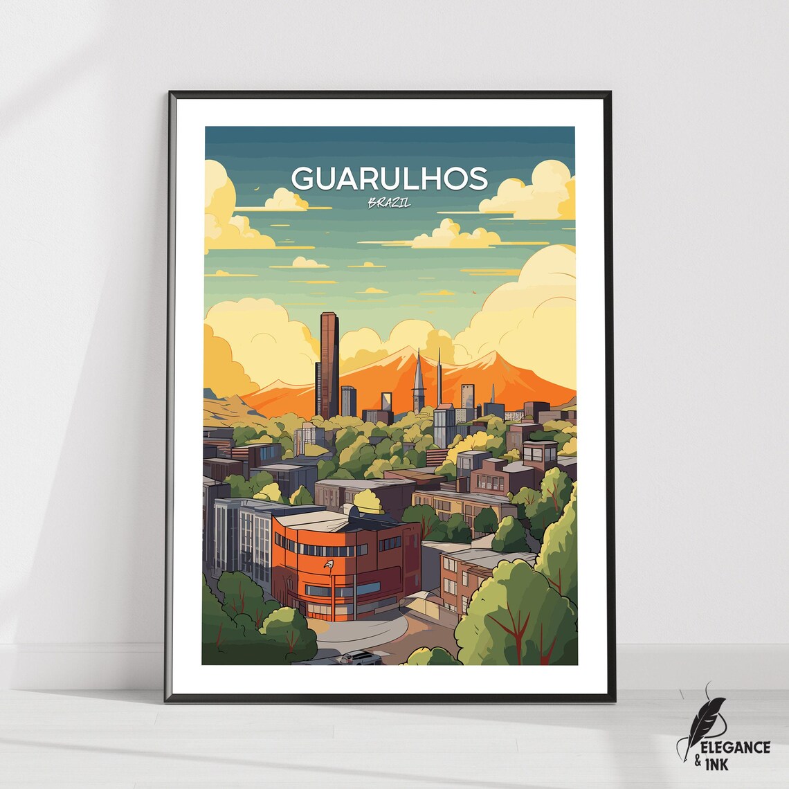 Guarulhos Brazil Sunset Cityscape Clouds Vintage Travel Poster