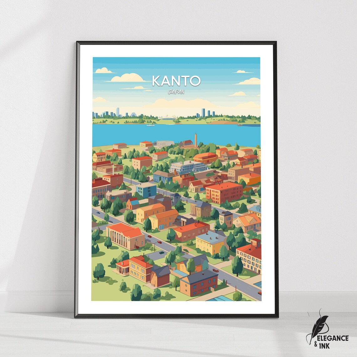 Kanto Japan Retro Illustrated Lake Town Minimalist Travel Poster