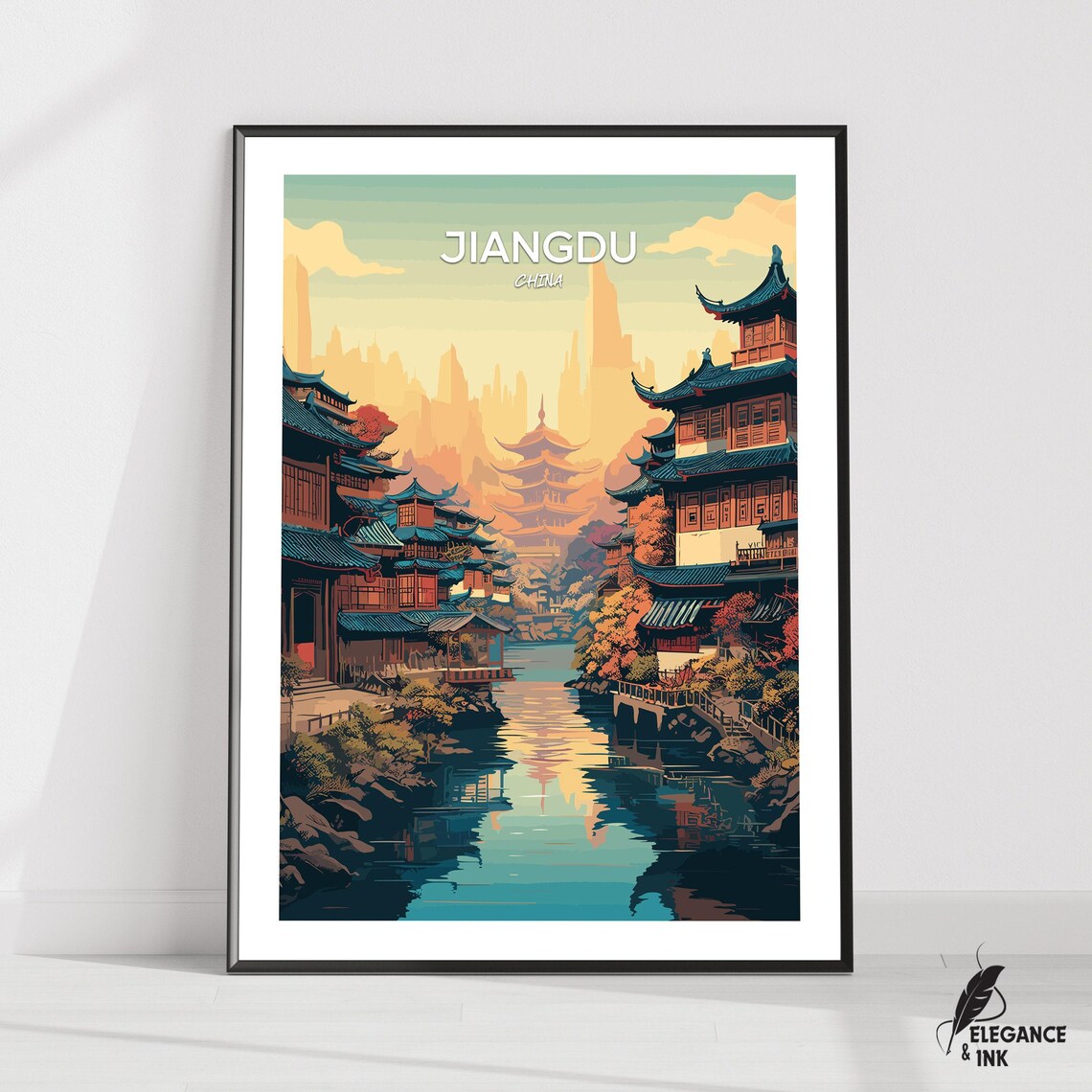Jiangdu China Canal Water Town Illustration Travel Art Poster