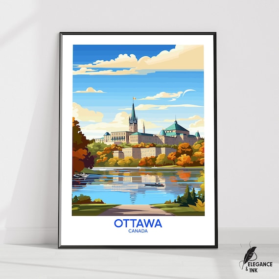 Ottawa Canada Parliament Hill Autumn Lake Reflection Travel Poster