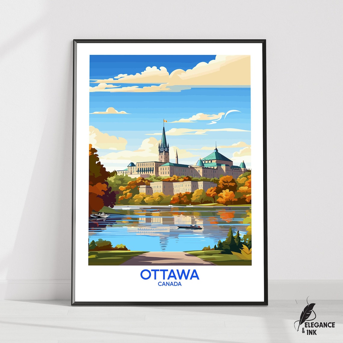 Ottawa Canada Parliament Hill Autumn Lake Reflection Travel Poster