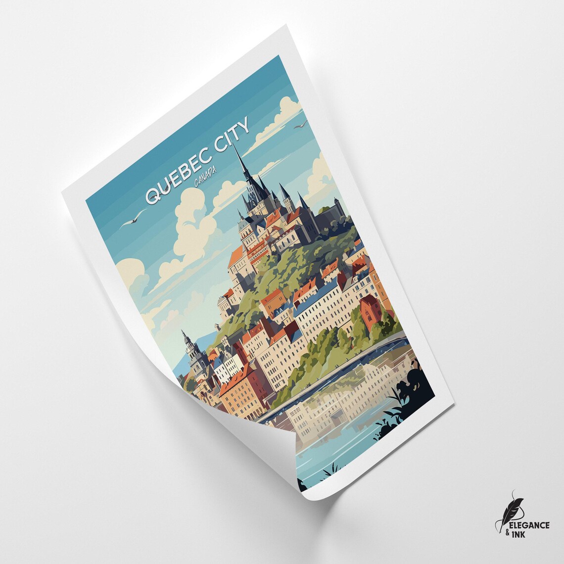 Quebec City Canada Riverside Old Town Vintage Travel Poster Art