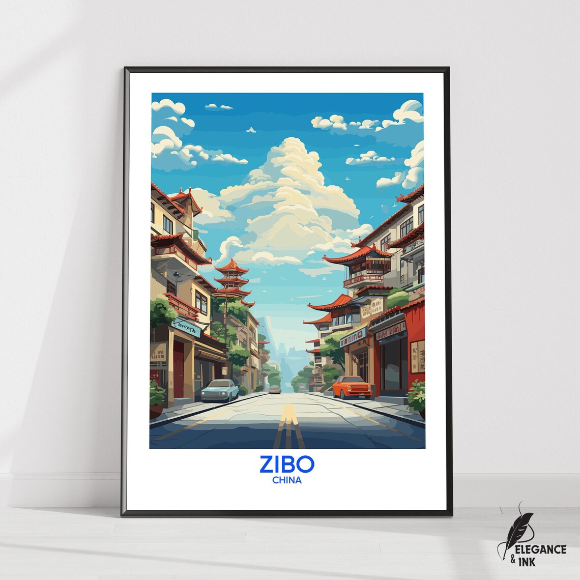Zibo China Old Town Pagoda Street Vintage Travel Poster Artwork