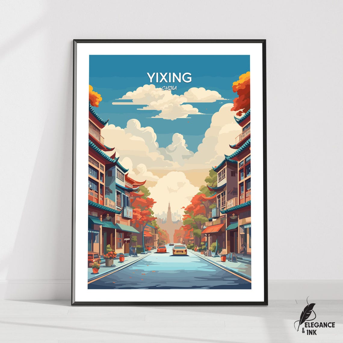 Yixing China Old Town Street Daytime Scene Colorful Travel Poster