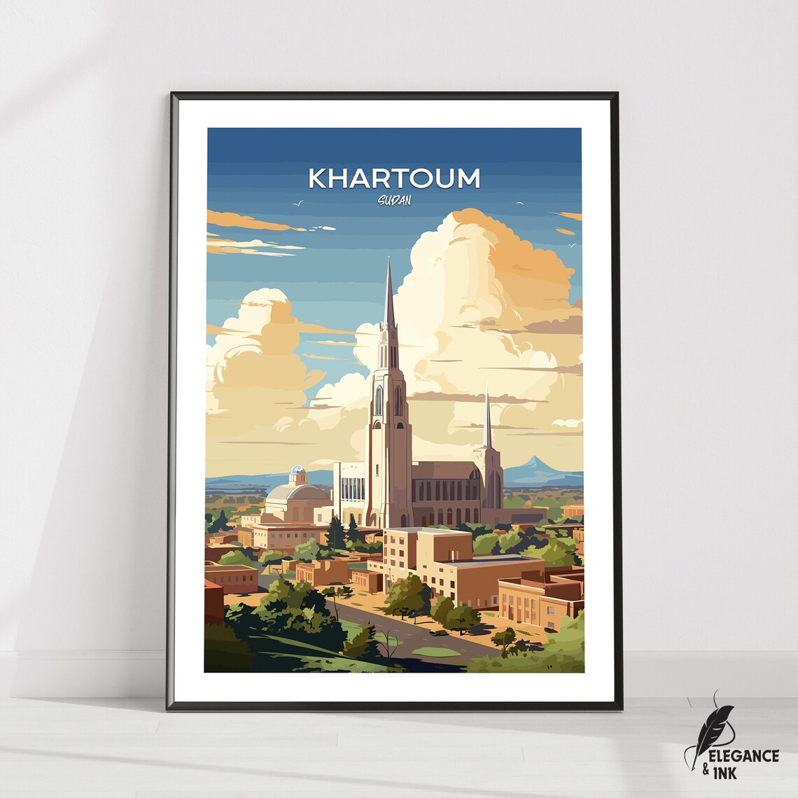 Khartoum Sudan Historic Cathedral Landmark Retro Travel Poster