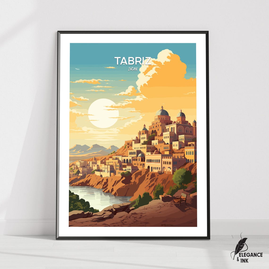 Tabriz Iran Sunset Skyline Glowing Sun Vintage Travel Poster