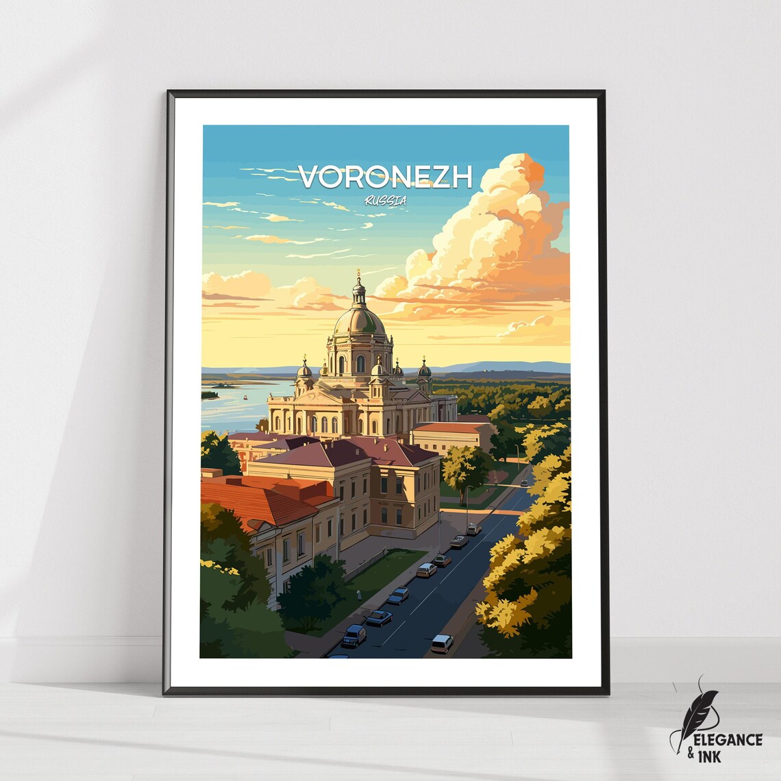 Voronezh Russia Golden Dome Cathedral Riverside Vintage Travel Poster