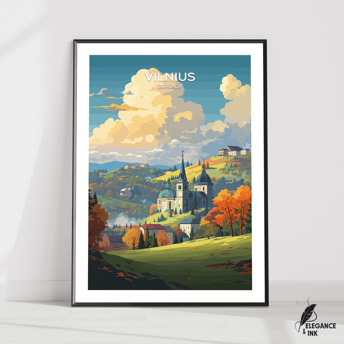 Vilnius Lithuania Vintage Travel Poster With White Title Text Top