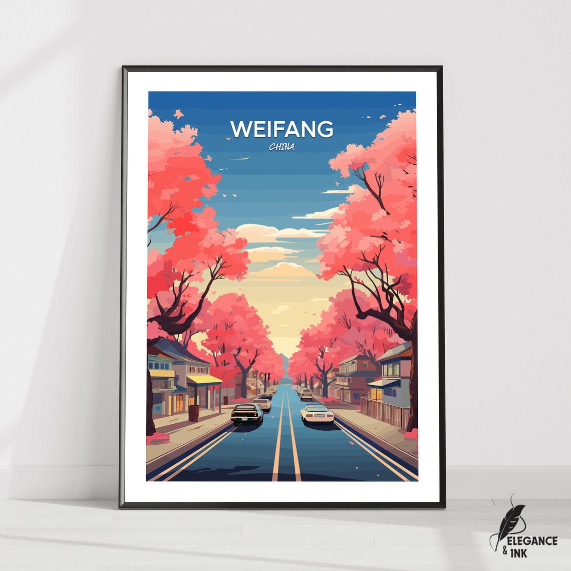 Weifang China Pink Flowering Tree Lined Spring Avenue Travel Poster