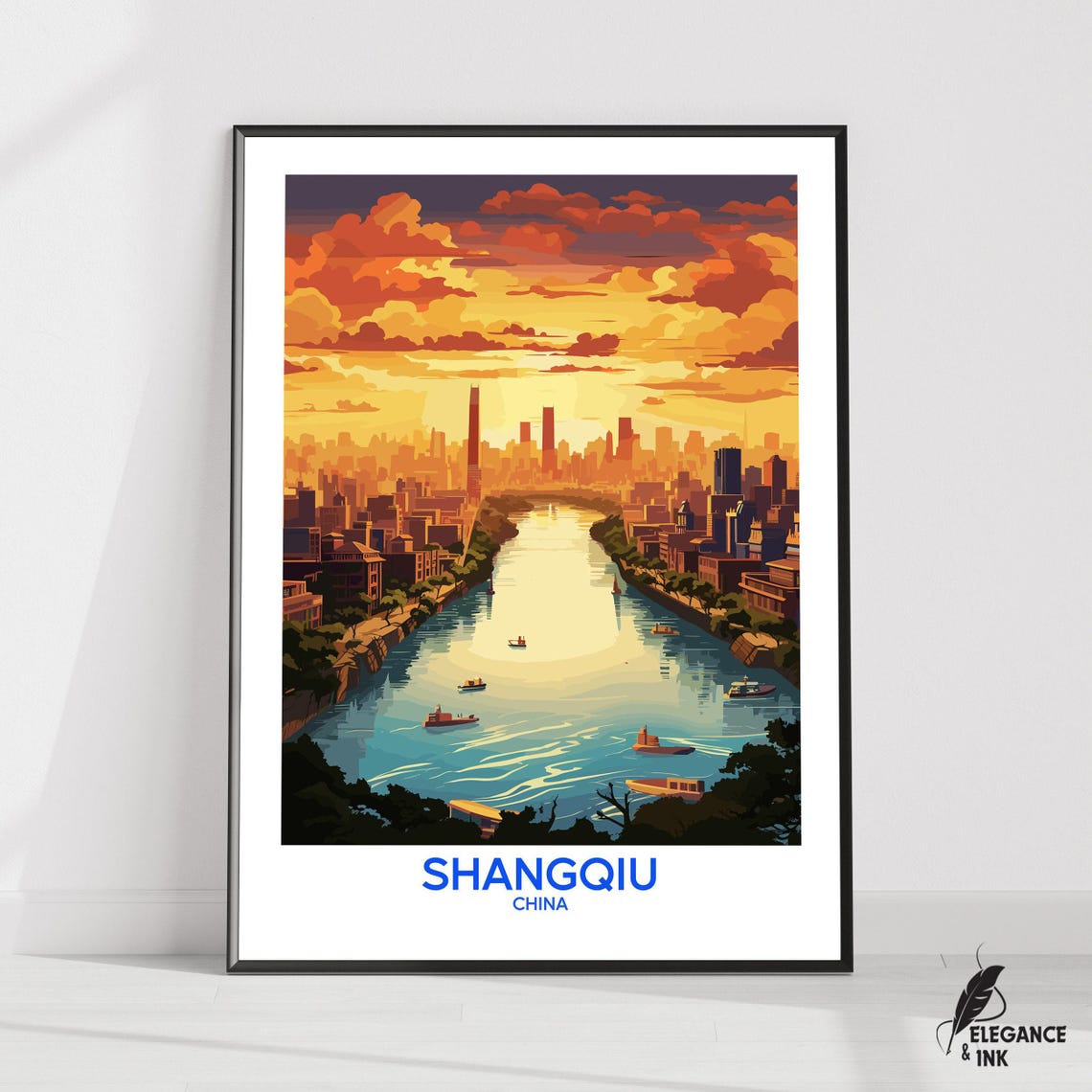 Shangqiu China River Sunset City Skyline Vintage Travel Poster