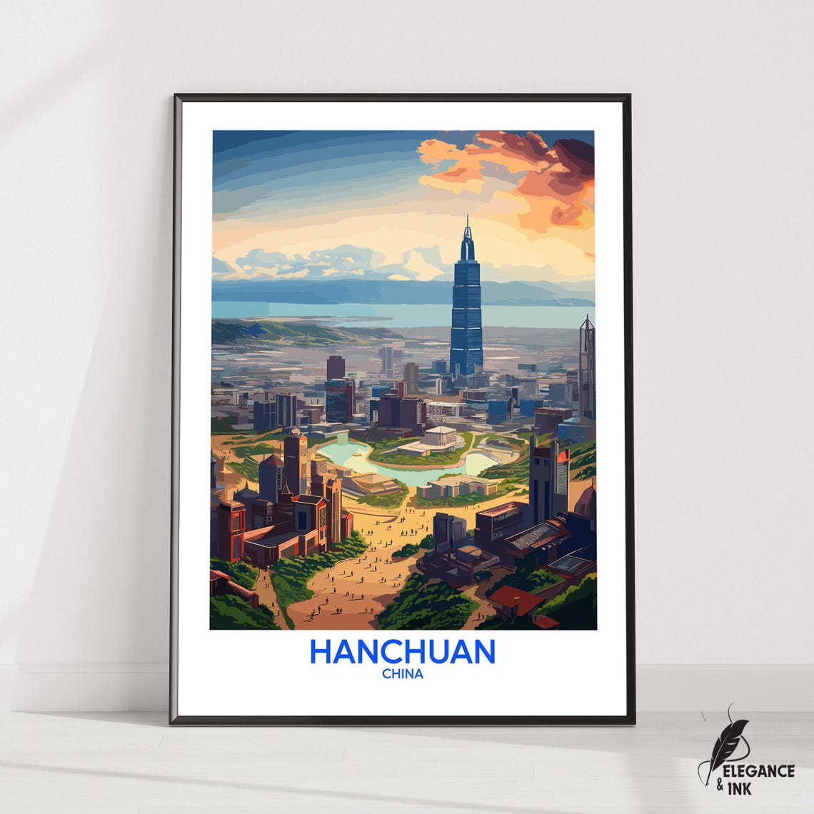 Hanchuan China Sunset Skyline Retro Travel Poster Name Below