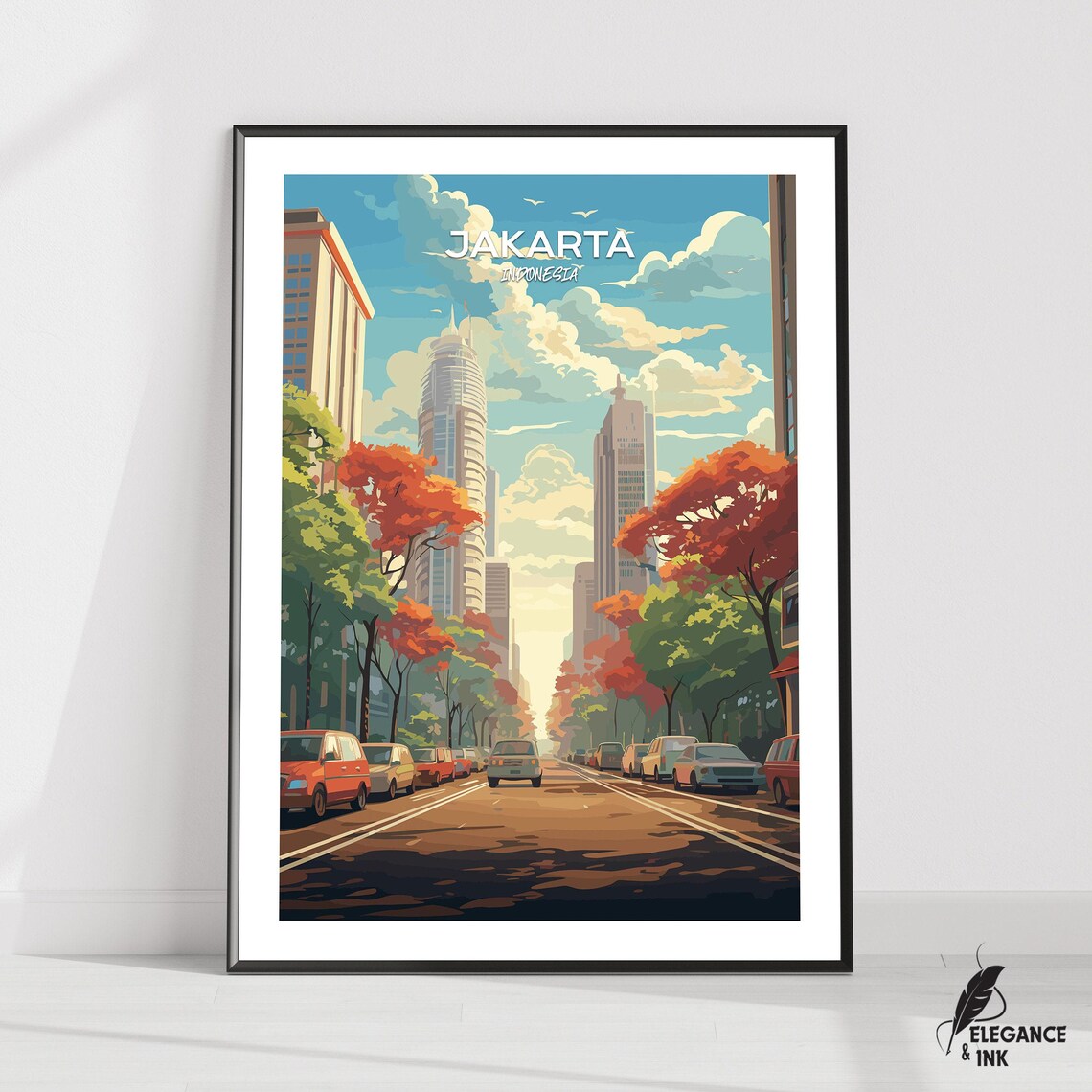 Jakarta Indonesia Skyline Avenue Red Trees Vintage Travel Poster