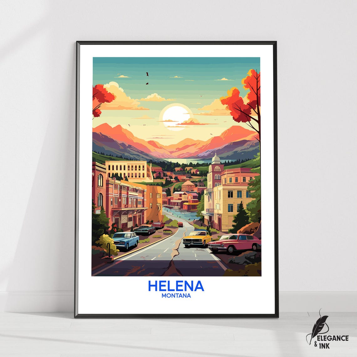 Helena Montana Sunset Mountain Town Vintage Car Illustration Poster