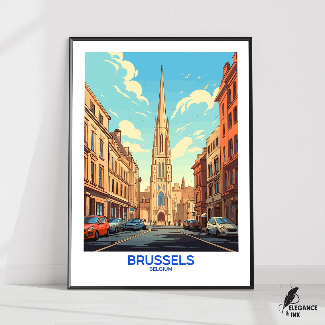 Brussels Belgium Church Spire Street Vintage Travel Poster Artwork