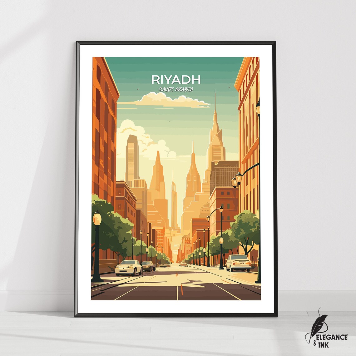 Riyadh Saudi Arabia Vintage Skyline Street Scene Travel Poster