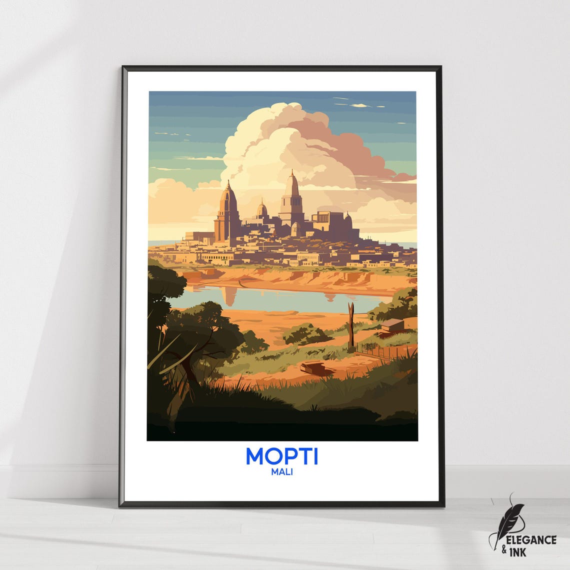 Mopti Mali Great Mosque Riverside Illustration Travel Poster