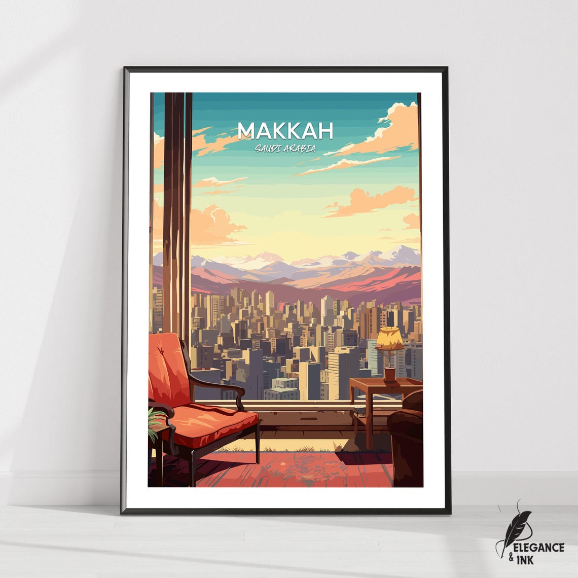 Makkah Saudi Arabia Sunset City Skyline Window View Vintage Poster