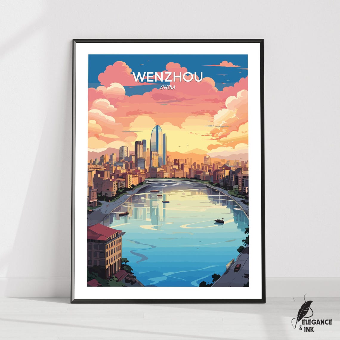 Wenzhou China Poster Of Riverfront Skyline At Sunset With Boats