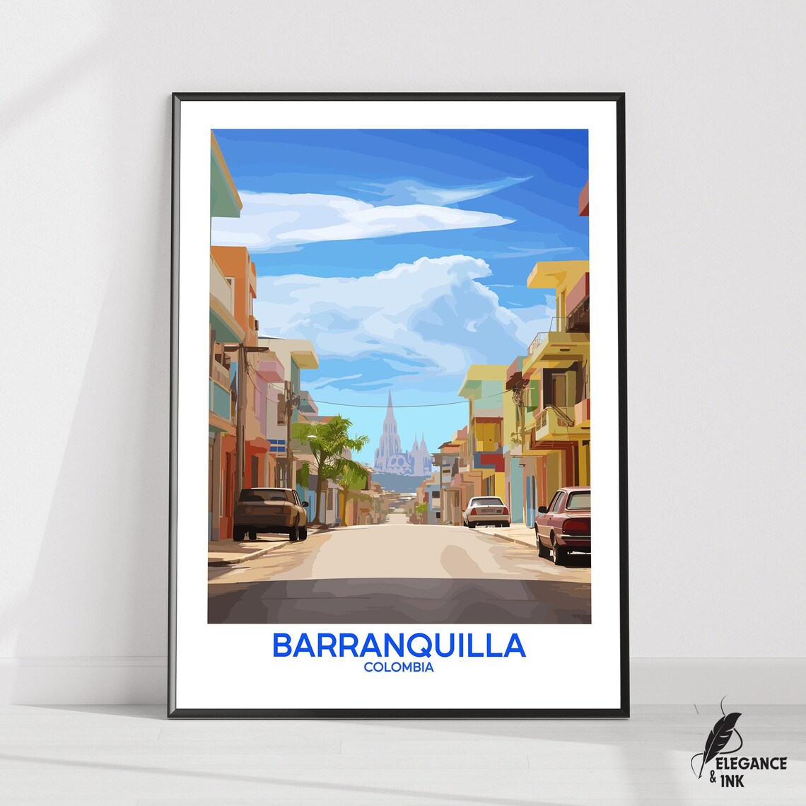 Barranquilla Colombia Street Cathedral Vintage Travel Poster