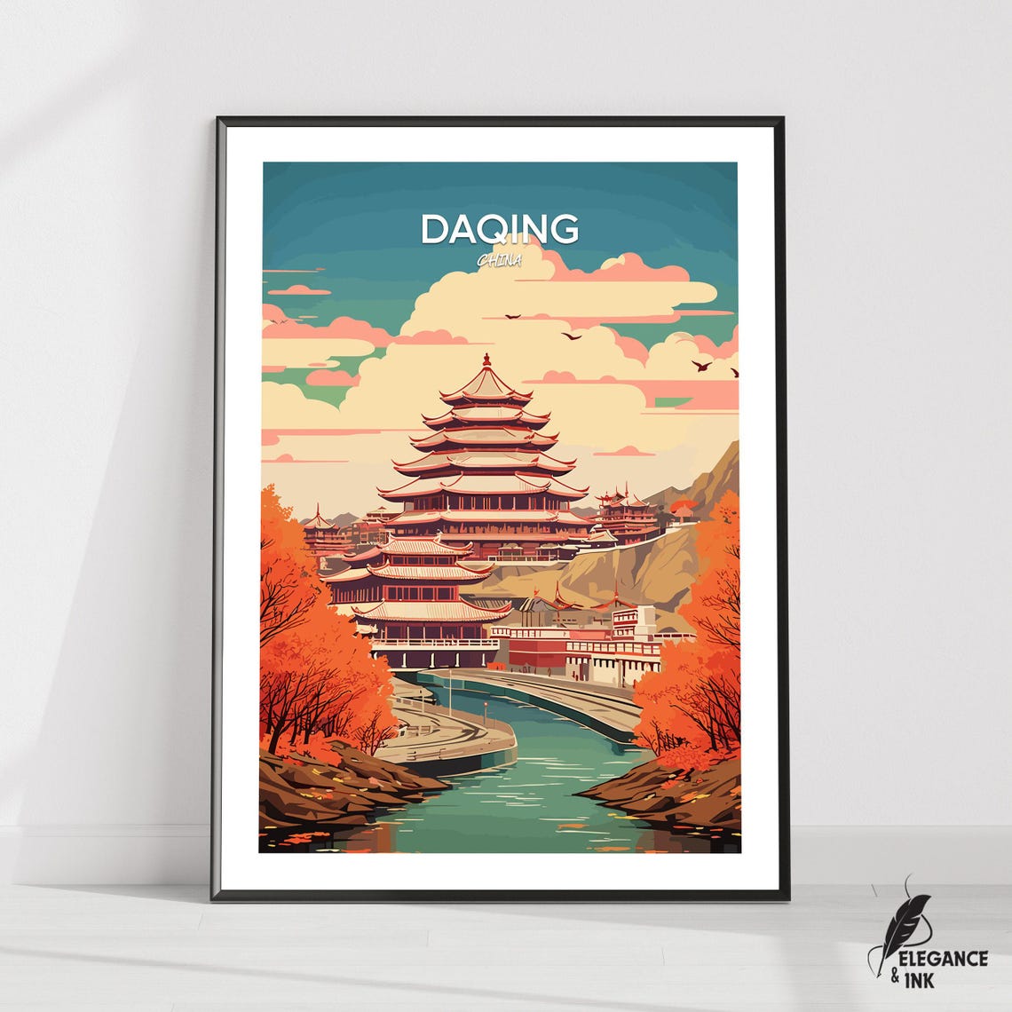 Daqing China Riverside Temple Vintage Travel Poster Autumn Artwork