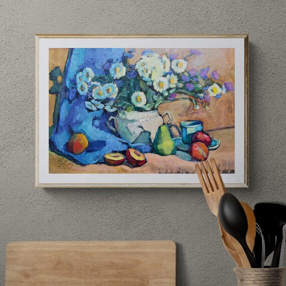 Impressionist White Daisy Still Life Fruit Blue Cloth Art Print