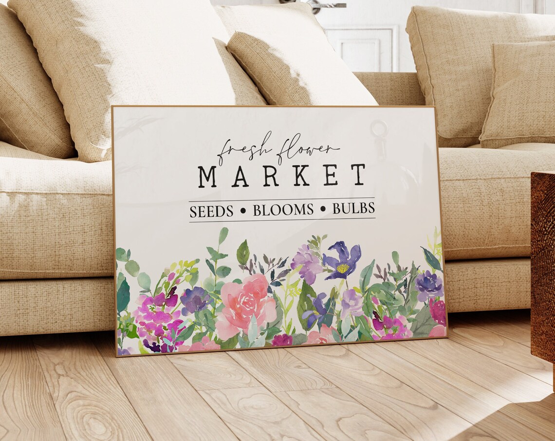 Fresh Flower Market Seeds Blooms Bulbs Watercolor Floral Sign Poster