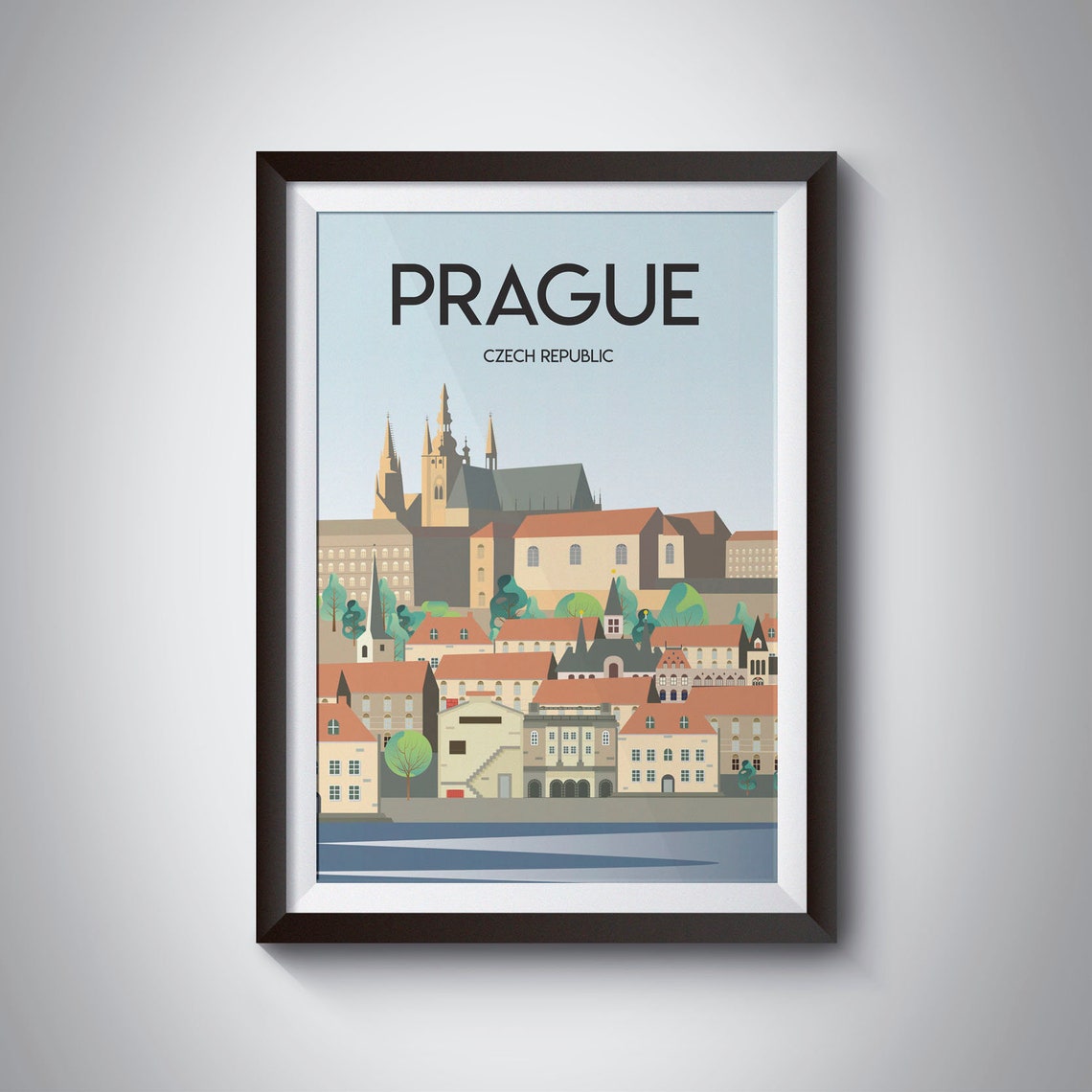 Prague Czech Republic Castle Skyline Flat Illustration Travel Poster