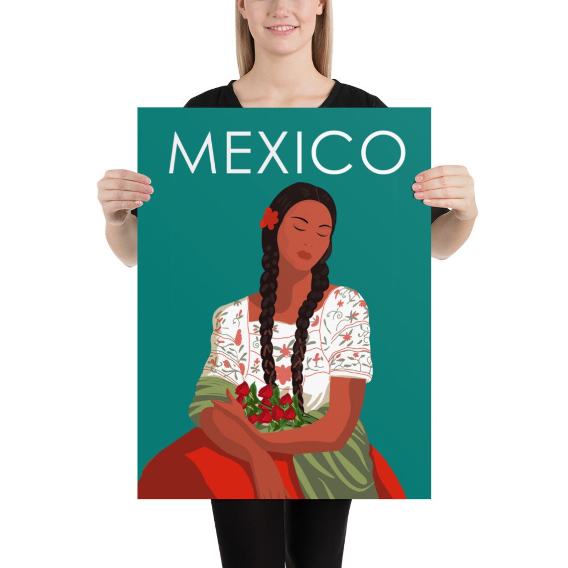 Mexico Travel Poster Traditional Woman Folk Art Colorful Style - Image 2
