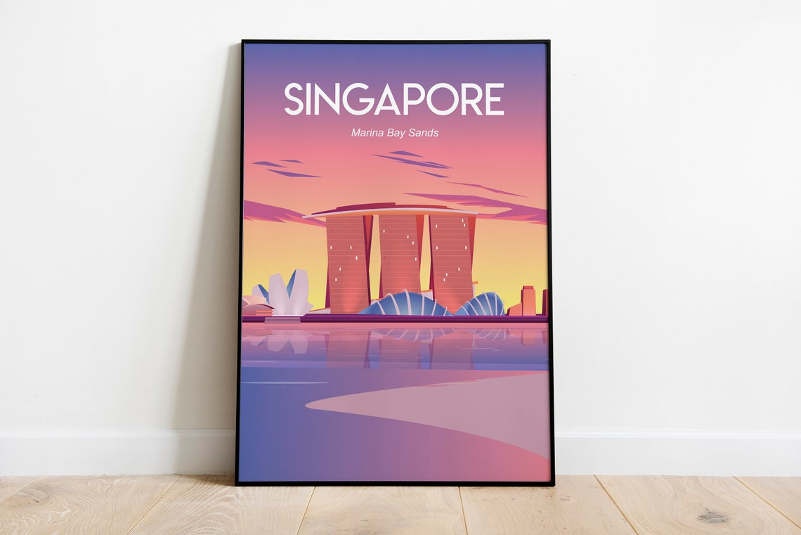 Singapore Marina Bay Sands Sunset Skyline Illustration Travel Poster