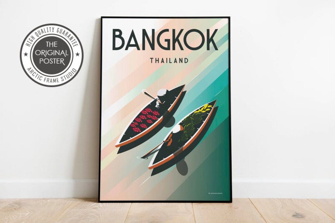 Bangkok Thailand Travel Poster Floating Market Longtail Boats