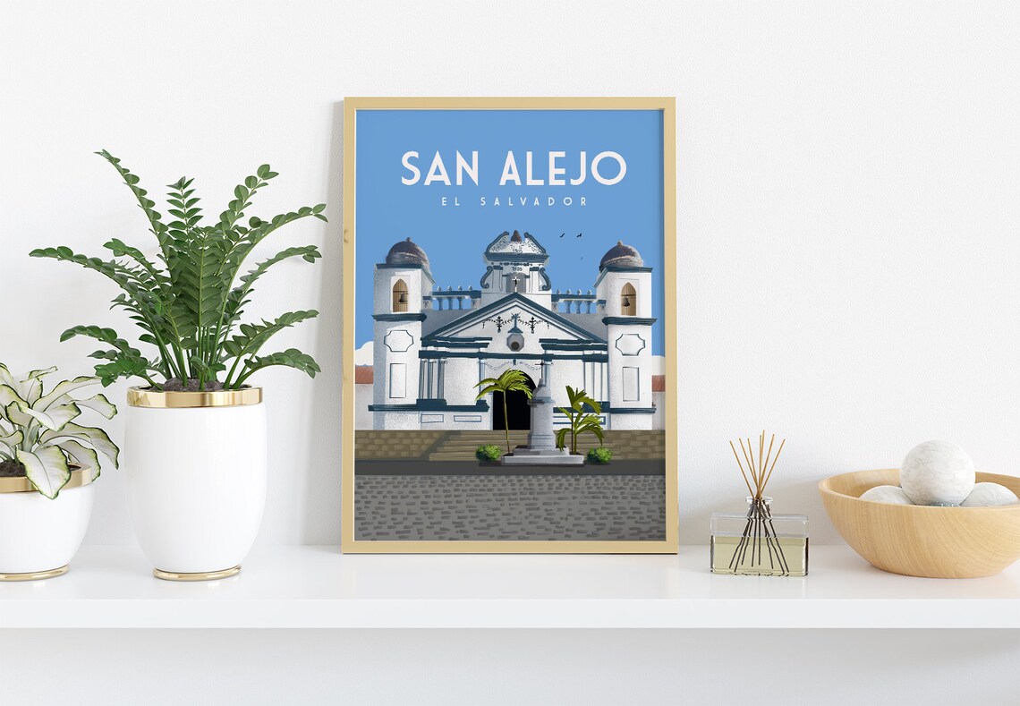 San Alejo El Salvador White Colonial Church Bells Travel Poster - Image 3