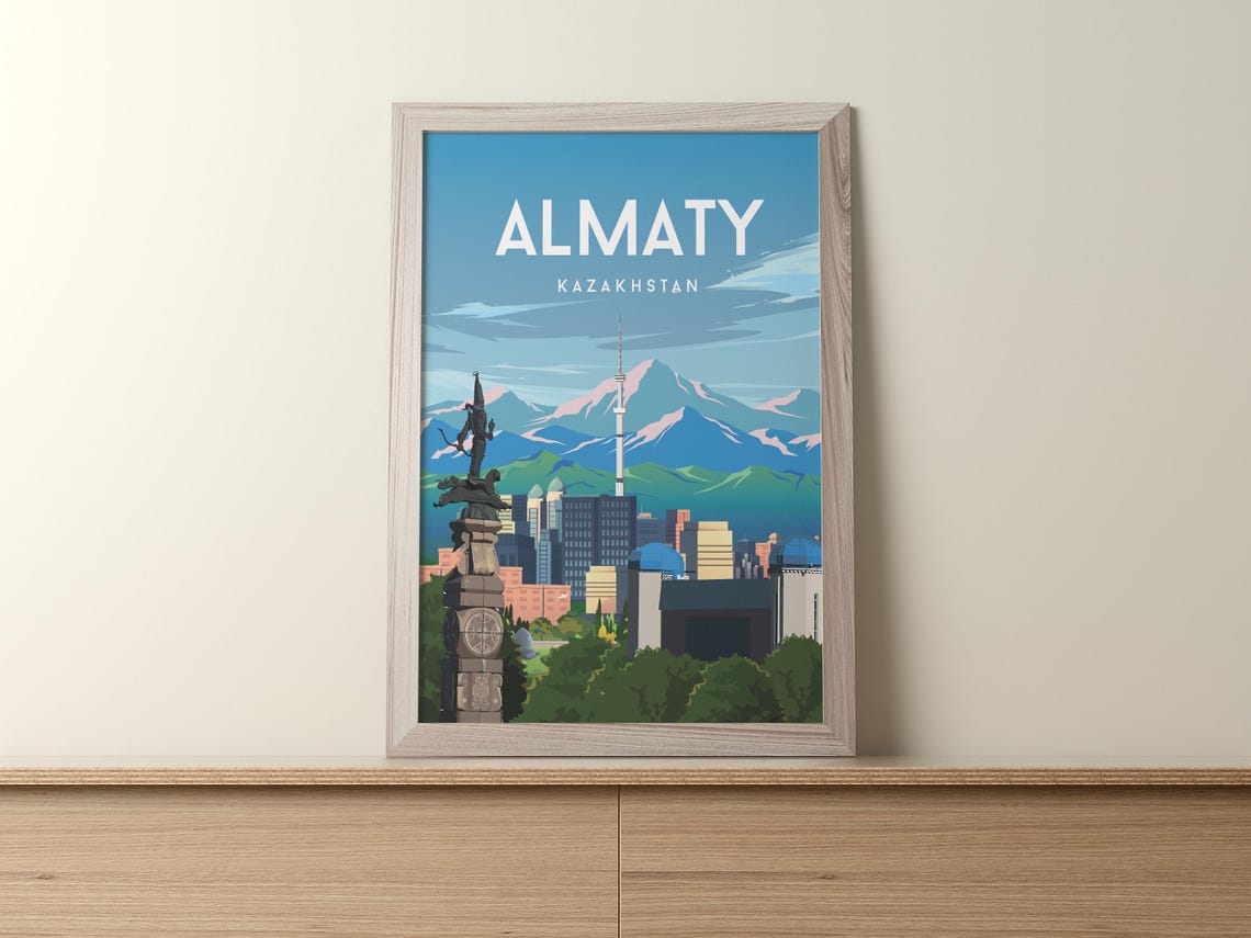 Almaty Kazakhstan Travel Poster Mountains Tower City Skyline Art - Image 3