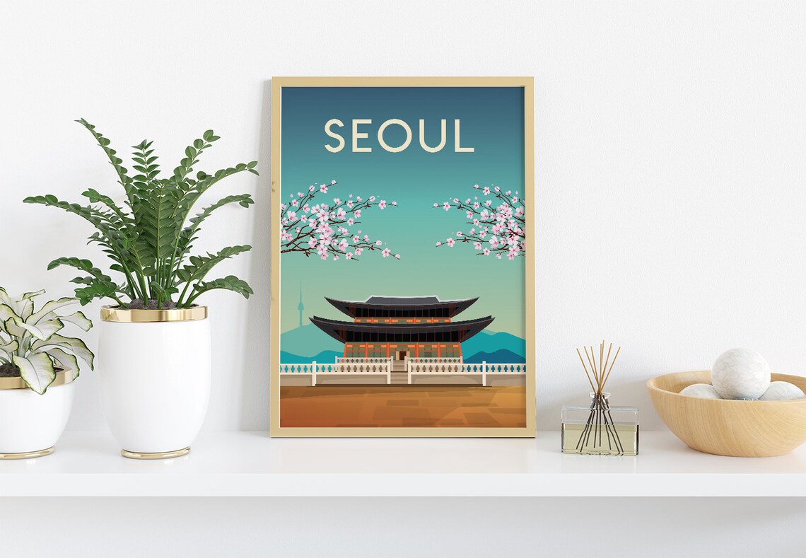 Seoul Korea Travel Poster Palace Spring Cherry Blossom Scene - Image 4