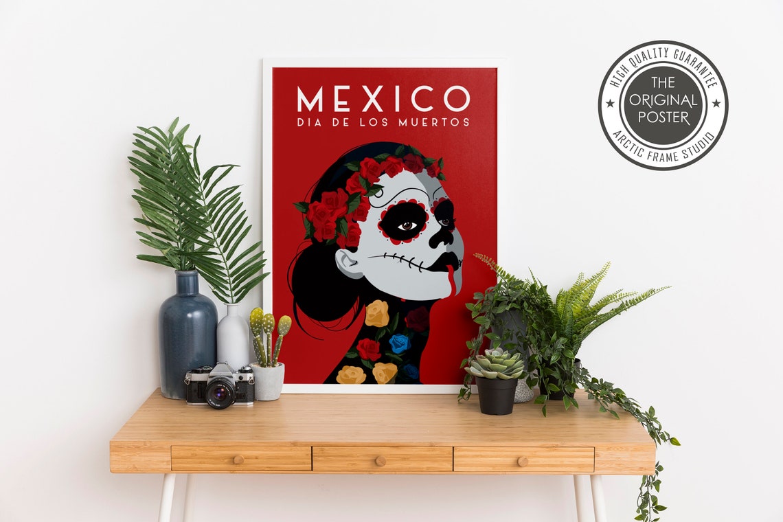 Mexico Dia de los Muertos Sugar Skull Roses Art Travel Poster - Image 2