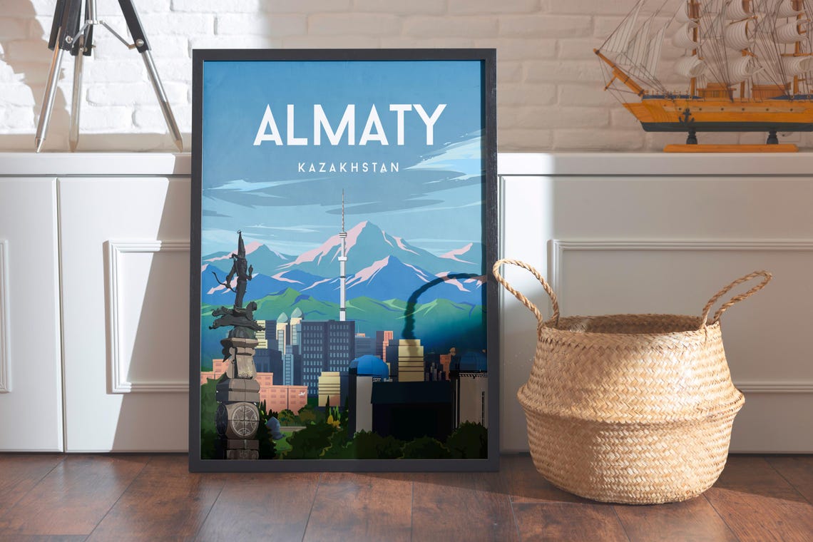 Almaty Kazakhstan Travel Poster Mountains Tower City Skyline Art - Image 2