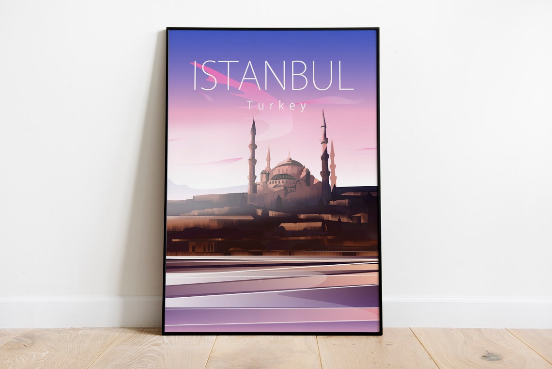 Istanbul Turkey Blue Mosque Sunset Retro Vintage Travel Poster