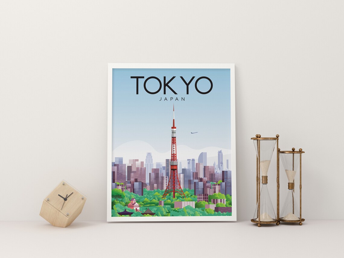 Tokyo Japan Travel Poster Tokyo Tower Skyline Retro Illustration - Image 2