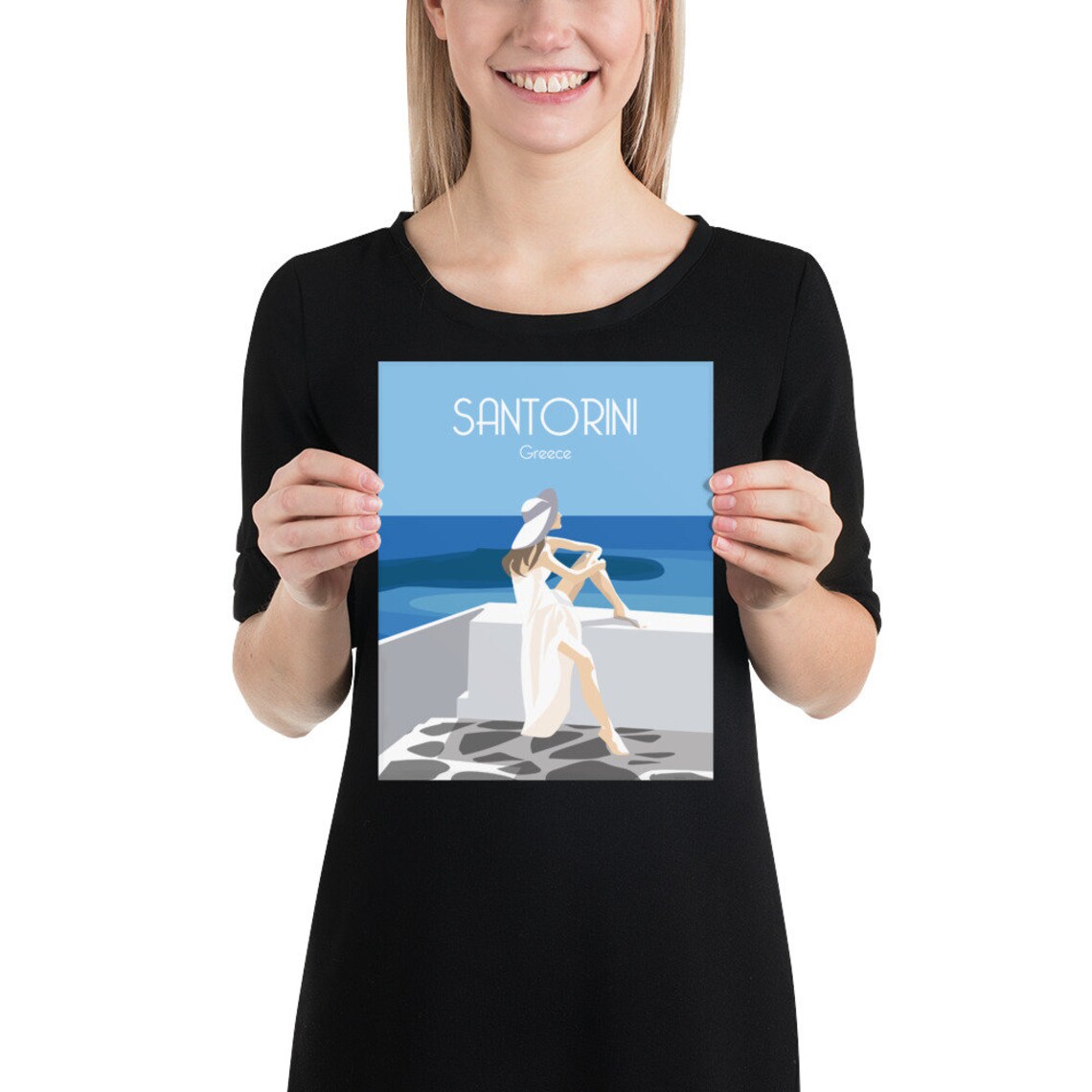 Santorini Greece Travel Poster Woman in White Dress Sea View - Image 2