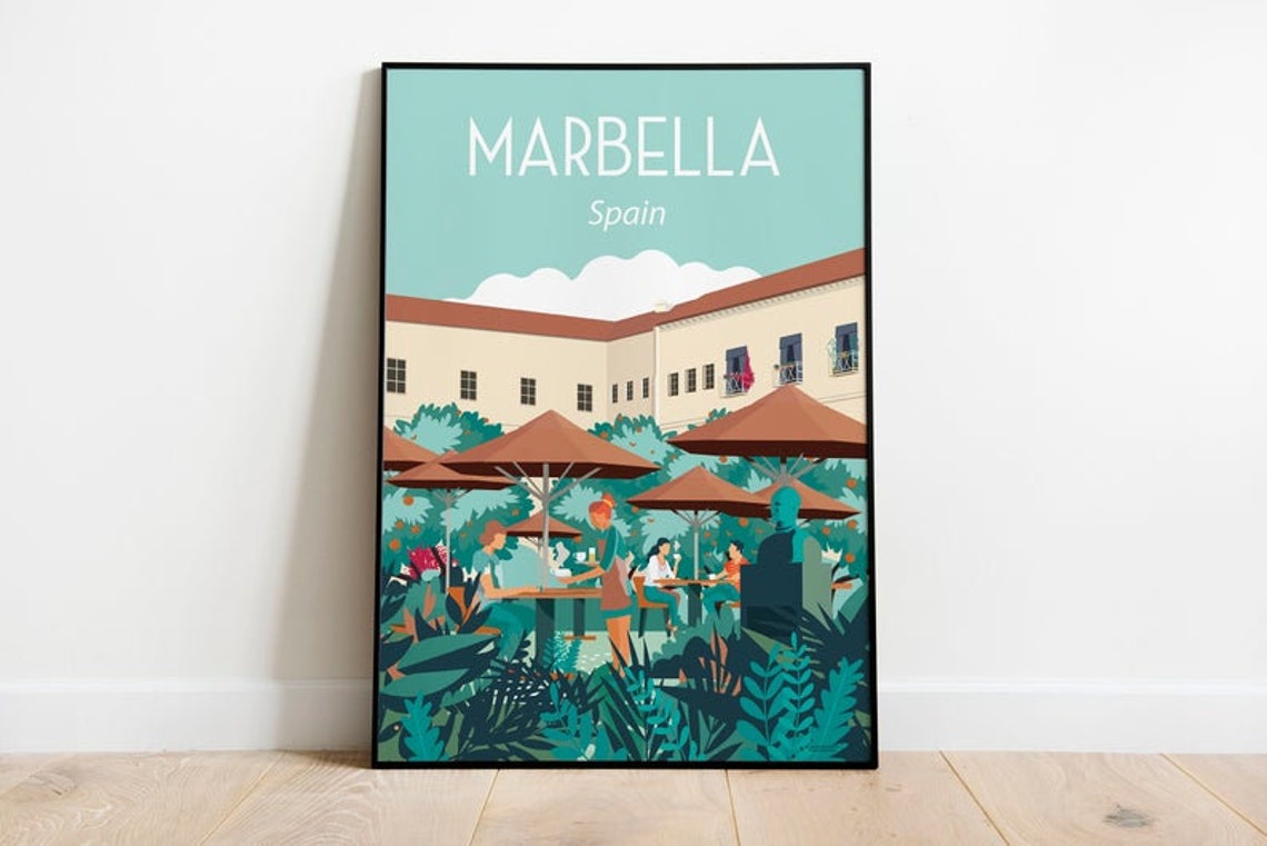 Marbella Spain Sunny Cafe Terrace Umbrellas Retro Travel Poster