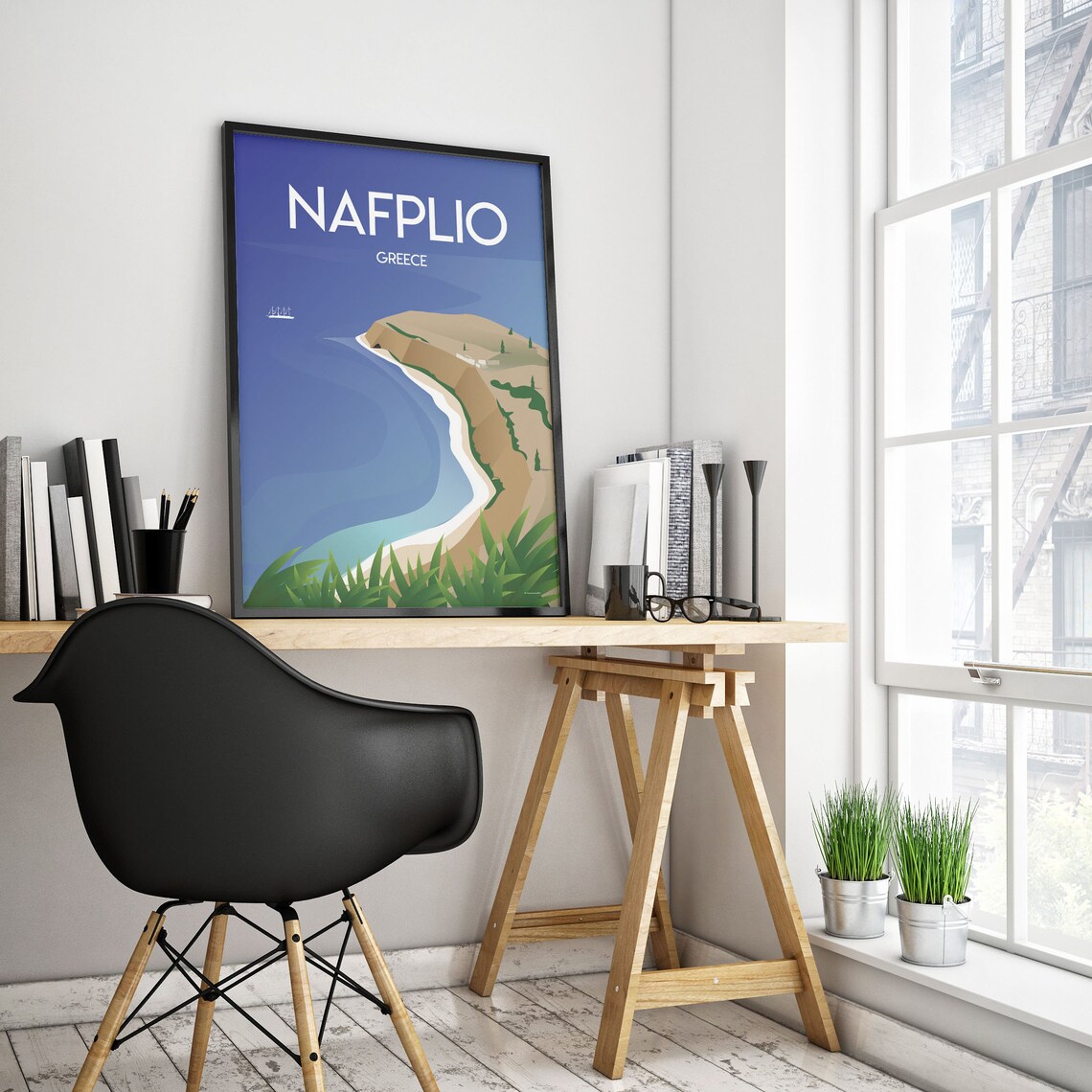 Nafplio Greece Curved Bay Cliffs Coastal Retro Travel Poster - Image 2