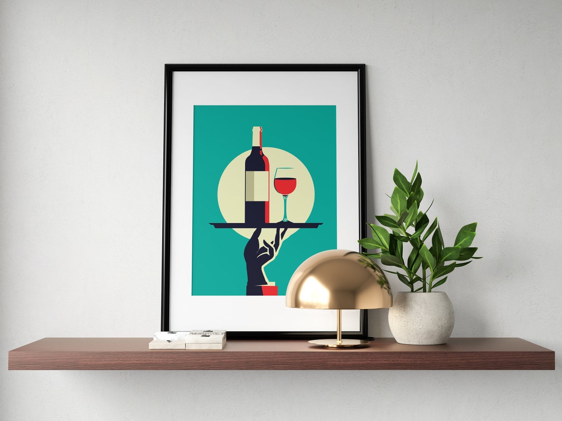 Red Wine Kitchen Poster Retro Art Deco Waiter Tray Bottle Glass - Image 2