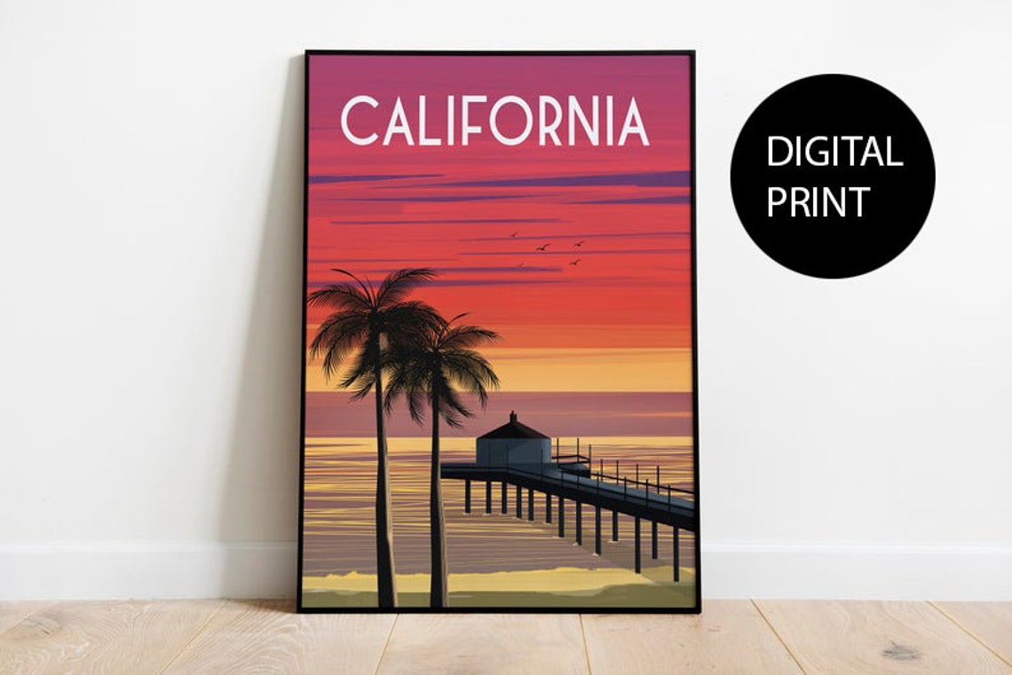 California Travel Poster Sunset Beach Pier Palm Trees Coast Art