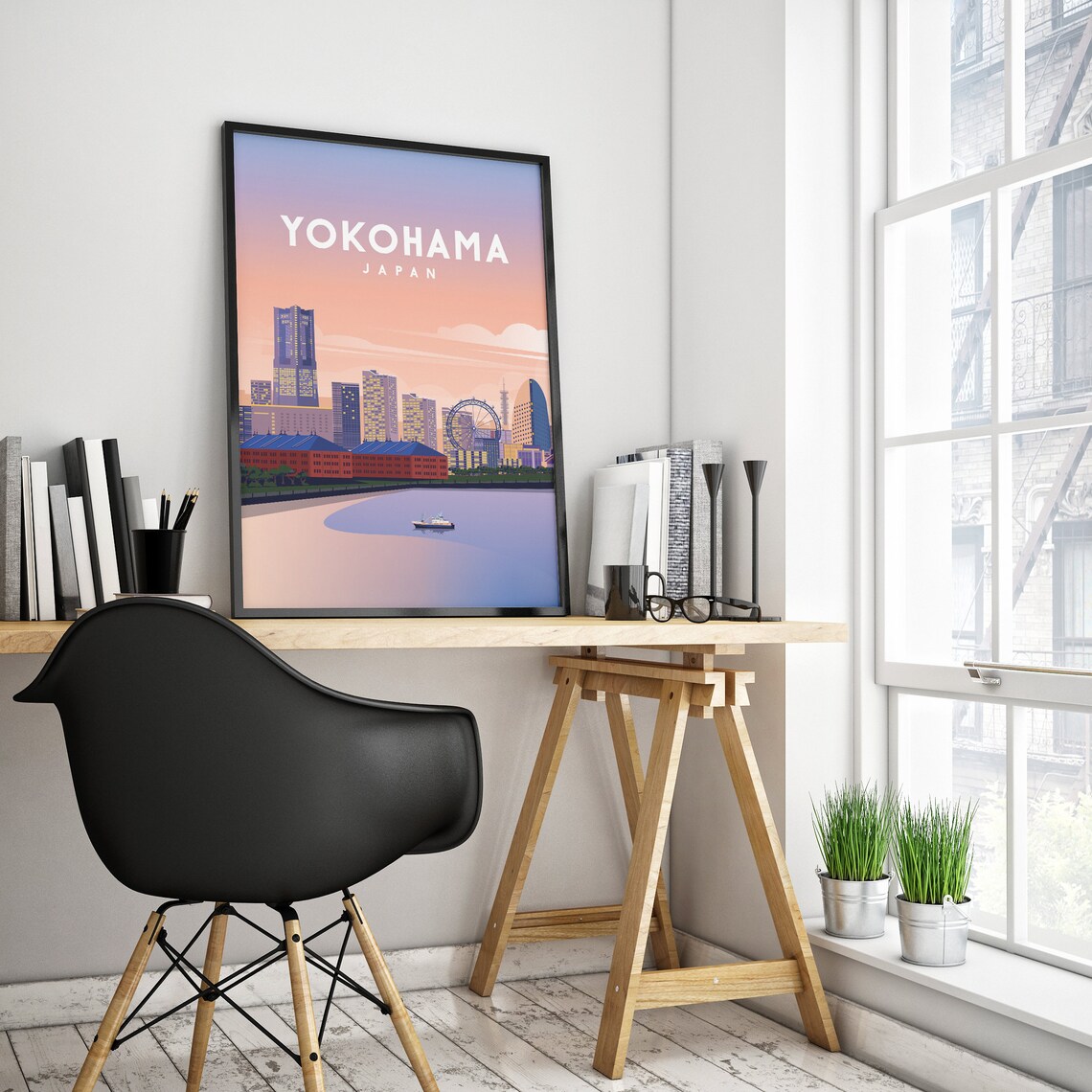 Yokohama Japan Harbor Skyline Ferris Wheel Sunset Travel Poster - Image 2