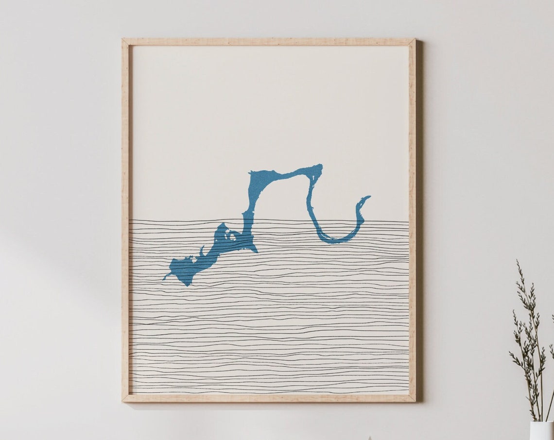 Simple Blue Lake Outline Boho Line Map Lakehouse Decor Wall Art