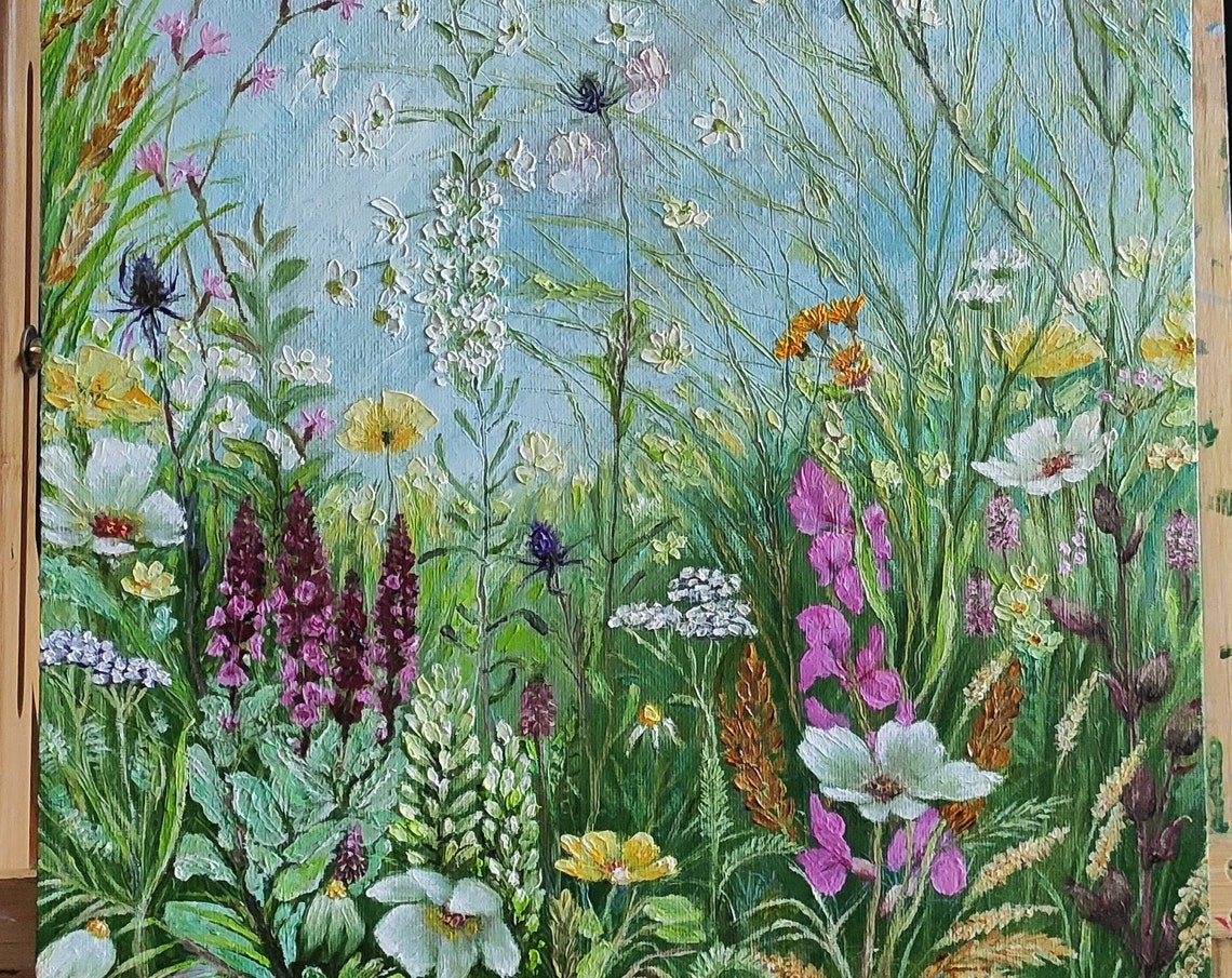 Dense Wildflower Meadow White Cosmos Blooms Nature Oil Painting Art
