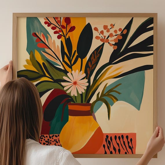 Midcentury Modern Botanical Wall Art Print Abstract Colorful Plant Illustration Retro Vase Artwork For Eclectic Home Dcor
